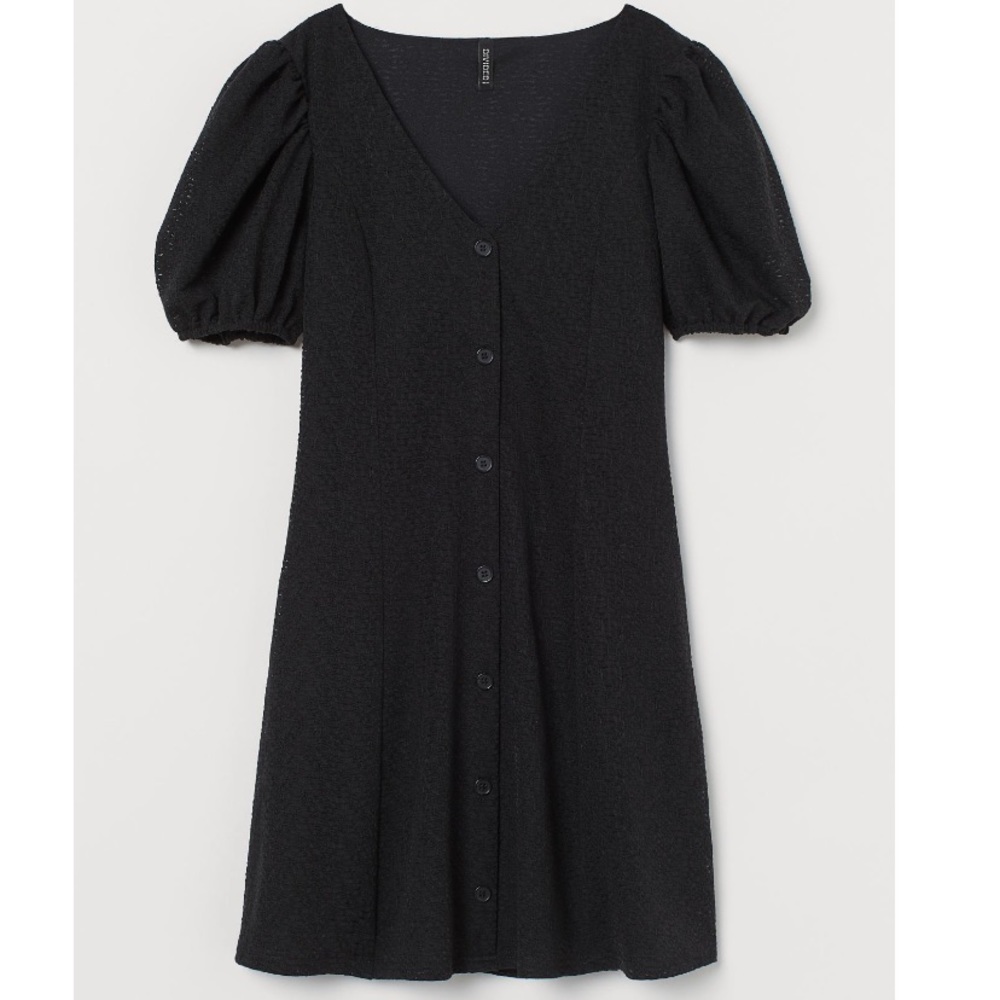 H&M Mini Black Puff Sleeve A Line Dress Short Sleeves V-Neck Button Sz Small NWT